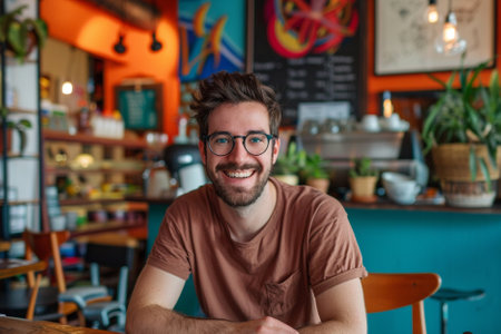 Portrait of a smiling young man with glasses sitting in a cafeの素材