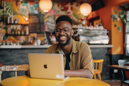 Smiling african american man in eyeglasses using laptop in cafeの素材