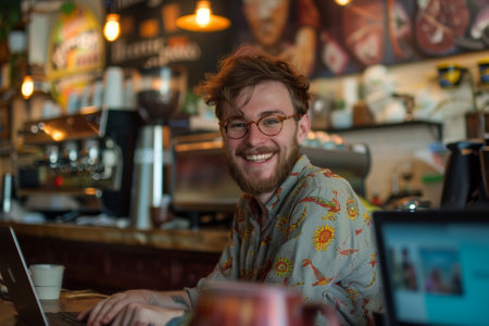 Portrait of smiling hipster man working on laptop in coffee shopの素材