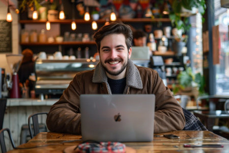 Portrait of a young man sitting in a coffee shop with a laptopの素材