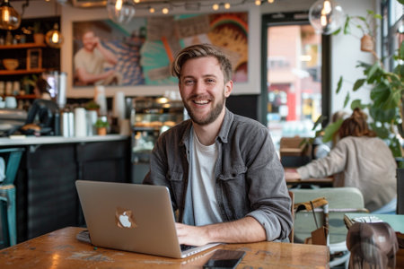 Portrait of a smiling young man using laptop in a coffee shopの素材