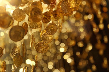 Golden coins hanging on the ceiling in the temple, close-upの素材