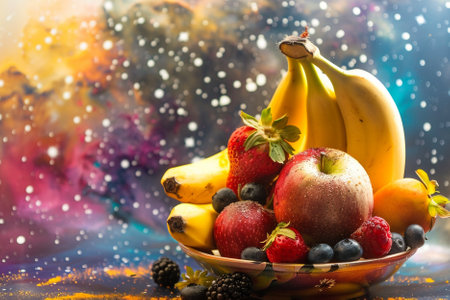 Still life with fresh fruits and berries on colorful background, selective focusの素材