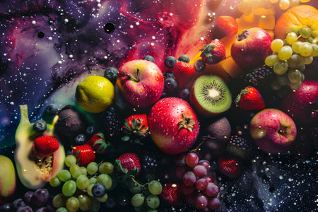 Fruits and berries on abstract colorful background. Healthy food concept.の素材