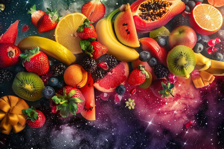 Fruits and berries on a space background. Healthy food concept.の素材