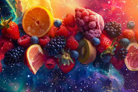 Fruits and berries on the background of outer space. Collage.の素材