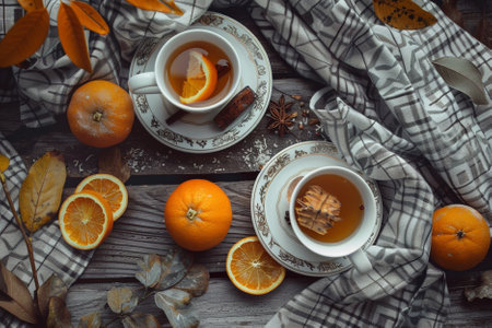 Autumn still life with cup of tea and orange on wooden backgroundの素材