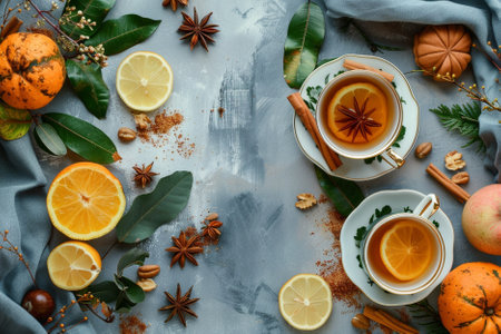 Cup of tea with lemon, cinnamon, star anise, cardamom and cloves on grey backgroundの素材
