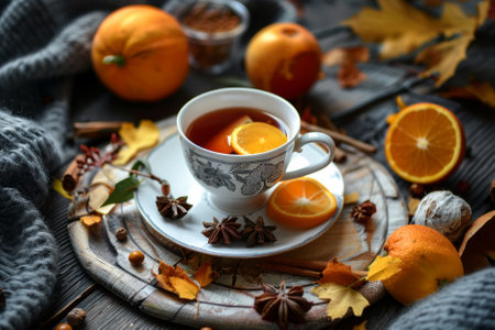 Autumn still life. Cup of hot tea with lemon and spices on wooden background.の素材
