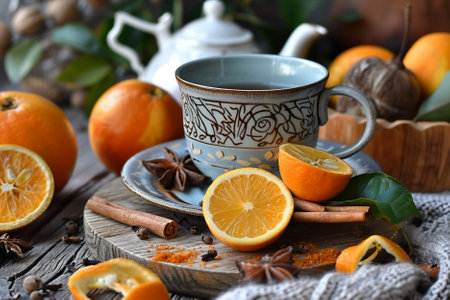 Cup of tea with spices and fresh oranges on a wooden tableの素材