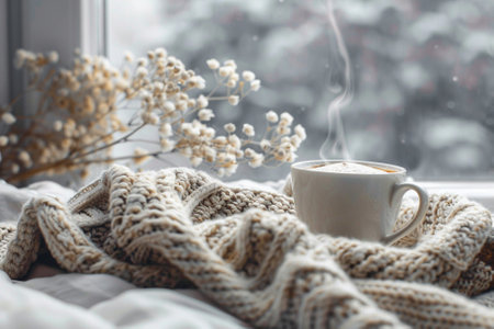Cup of coffee wrapped in a warm knitted scarf on the windowsillの素材