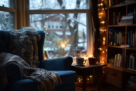 Cozy winter evening at home. Cozy living room with cozy armchair, cup of hot drink, bookshelves and christmas lights on background.の素材