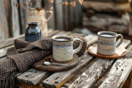 Cup of coffee on a wooden table in a rustic styleの素材