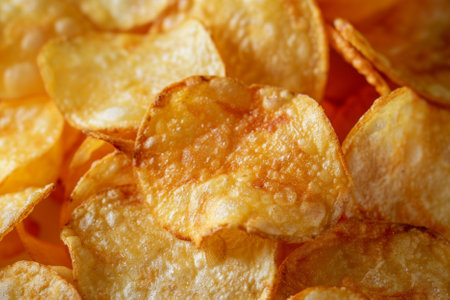 Potato chips background. Close-up of potato crisps.の素材