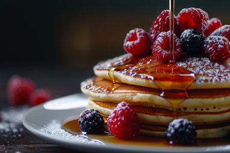 Pancakes with honey and berries on a dark wooden background.の素材