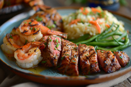 grilled shrimps with lemon zest, garlic and green beansの素材