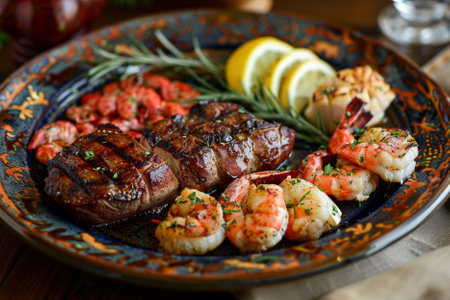 Grilled steaks with shrimps, prawns and tomatoesの素材