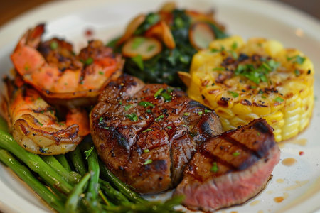 Grilled steak with prawns and vegetables on white plate.の素材