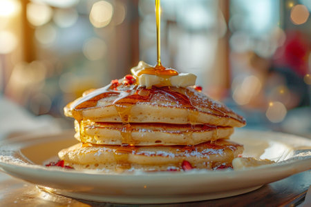 Stack of pancakes with maple syrup and honey on wooden table in cafeの素材