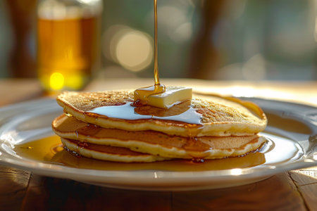 Pancakes with honey on a wooden table. Selective focus.の素材