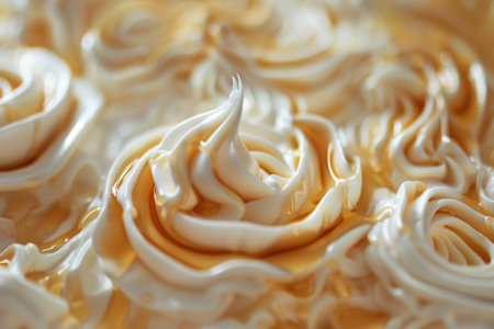 Creamy whipped cream on a cake, close-up.の素材