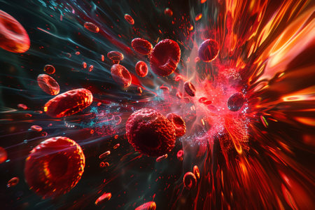 3d illustration of red blood cells in abstract space with light effectsの素材