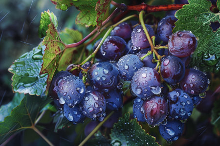 Grapes on the vine with drops of water after the rainの素材