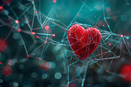 3d rendering of a red heart on a blue background with bokehの素材