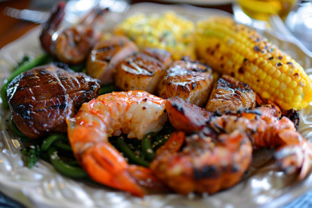 Seafood platter with grilled shrimps, prawns and corn.の素材