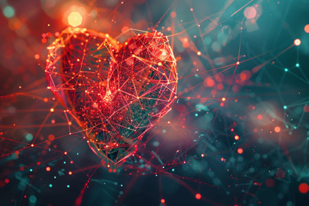 3D illustration of abstract polygonal heart on dark background with bokeh effectの素材