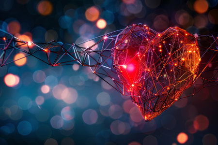 3D illustration of polygonal wireframe heart with red light on bokeh backgroundの素材