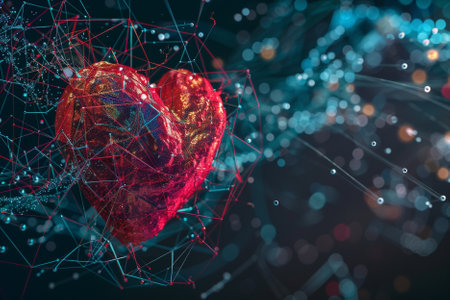 3d rendering of abstract red heart with network connection on dark backgroundの素材