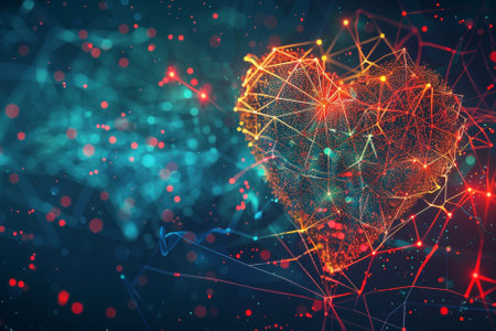 Abstract polygonal heart on a dark blue background. Connection structure. 3d renderingの素材