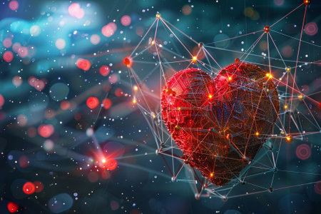 Red heart on a dark blue background. 3d rendering toned image double exposureの素材