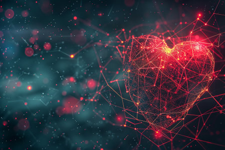 Abstract polygonal red heart on dark background. 3D renderingの素材