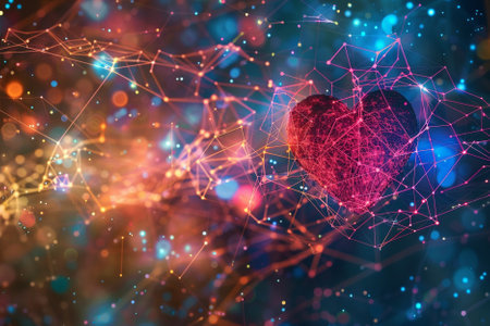 Digital background image with heart and network connection lines. 3d renderingの素材