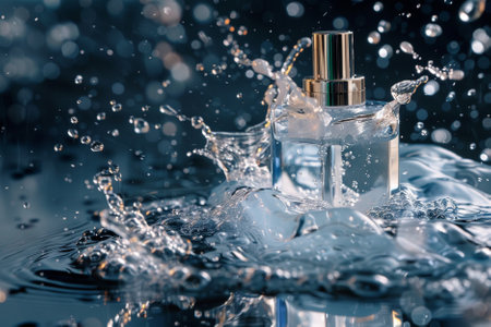 bottle of perfume with splashes of water on a dark backgroundの素材