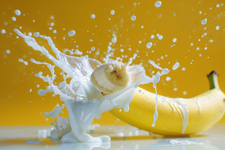 banana splashing out of a glass of milk on yellow backgroundの素材