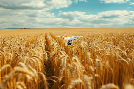 Drone with digital camera flying over a wheat field. 3d renderingの素材