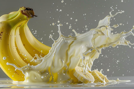 Banana splashing with milk, isolated on white background. Close upの素材