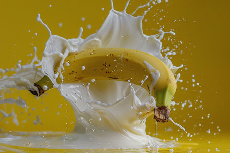 Banana splashing into milk, isolated on yellow background with copy spaceの素材