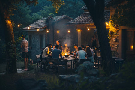 Group of friends having a barbecue party outdoors at night in the forestの素材