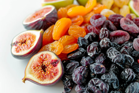 Mix of dried fruits on a white background. Close-up.の素材
