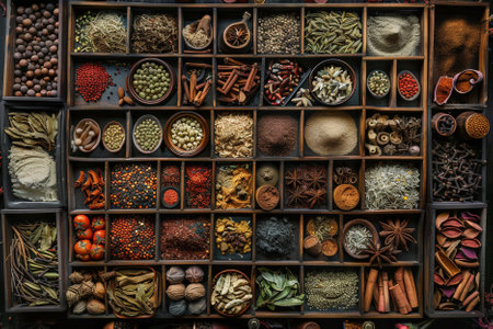 Spices and herbs in wooden boxes. Top view, copy spaceの素材