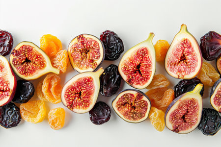 Tasty dried figs and candied fruits on white background, top viewの素材