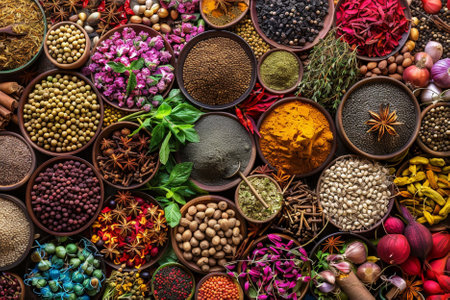 Spices and herbs in wooden bowls. Food and cuisine ingredients.の素材