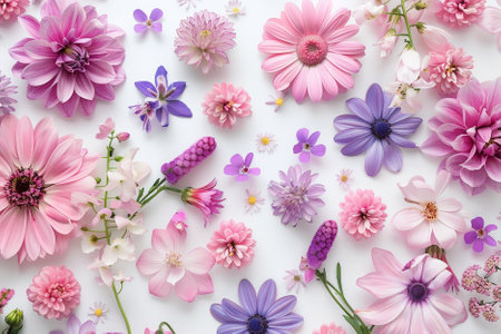 Beautiful flowers on white background, top view. Floral patternの素材