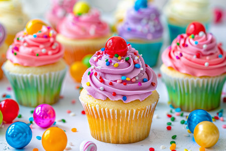 Cupcakes decorated with colorful sprinkles on a white background.の素材