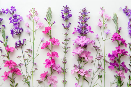 Flowers composition. Flowers on white background. Flat lay, top viewの素材