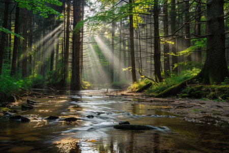 Sun rays passing through the trees on the river in the forest.の素材